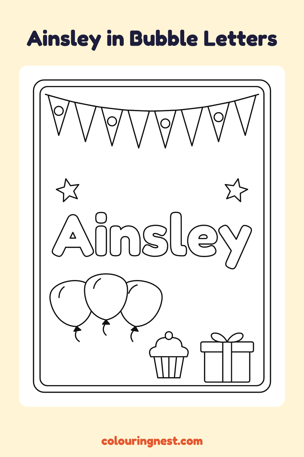 Ainsley in Bubble Letters coloring page: free printable black-and-white line art