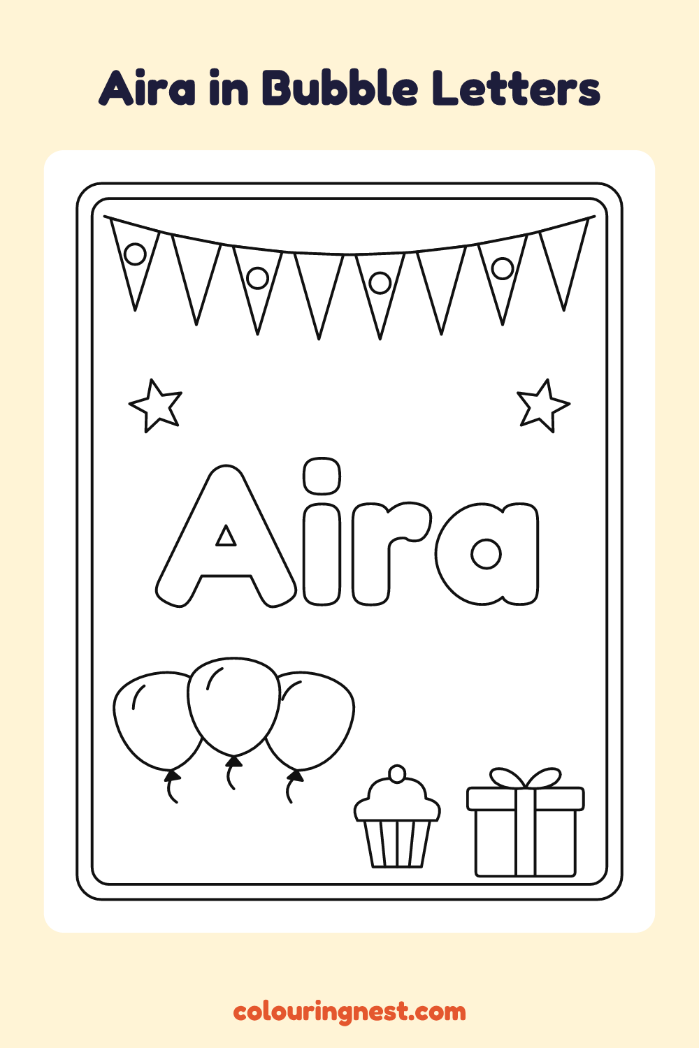 Aira in Bubble Letters coloring page: free printable black-and-white line art