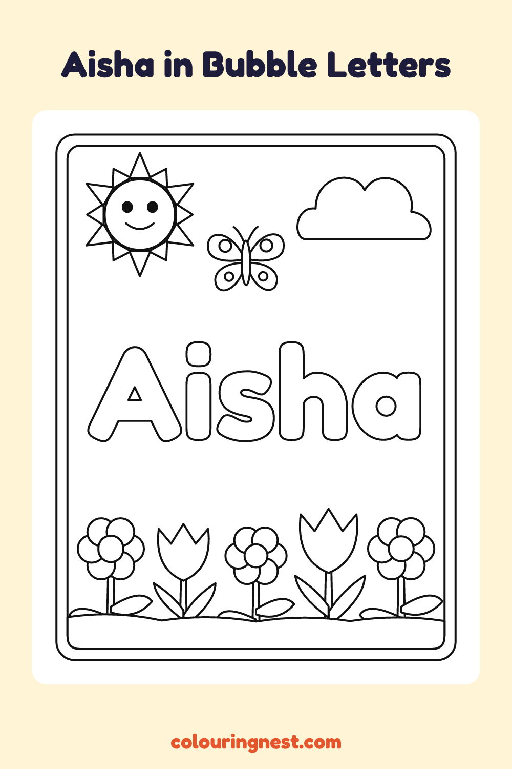Aisha in Bubble Letters coloring page: free printable black-and-white line art