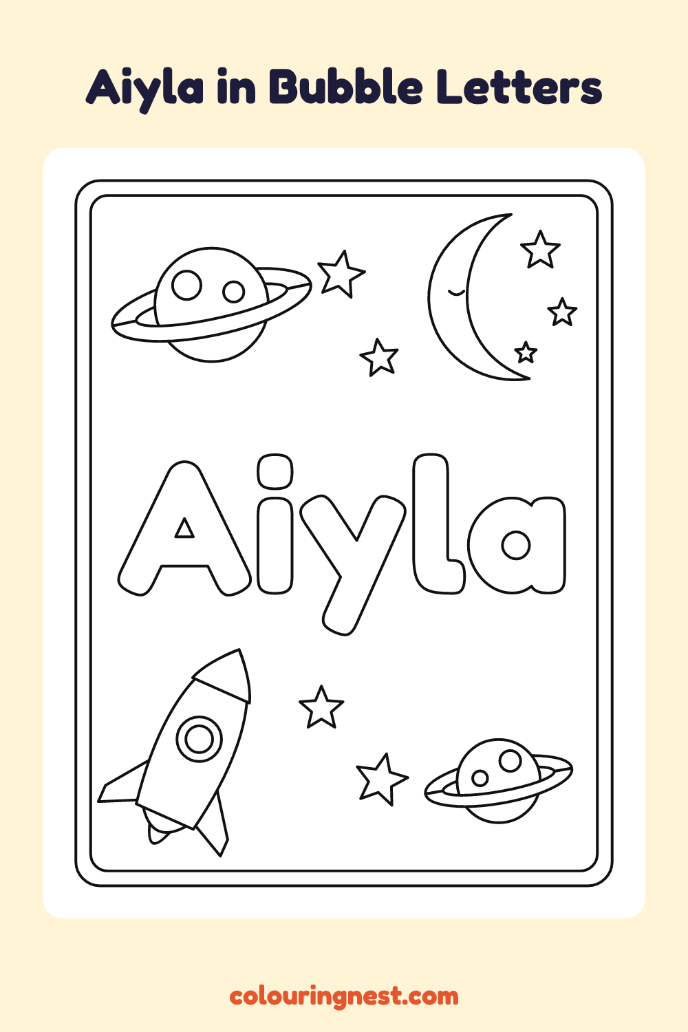 Aiyla in Bubble Letters coloring page: free printable black-and-white line art