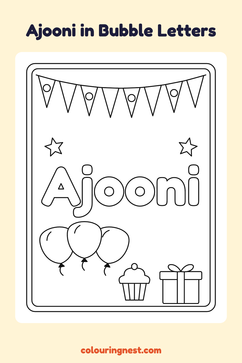 Ajooni in Bubble Letters coloring page: free printable black-and-white line art