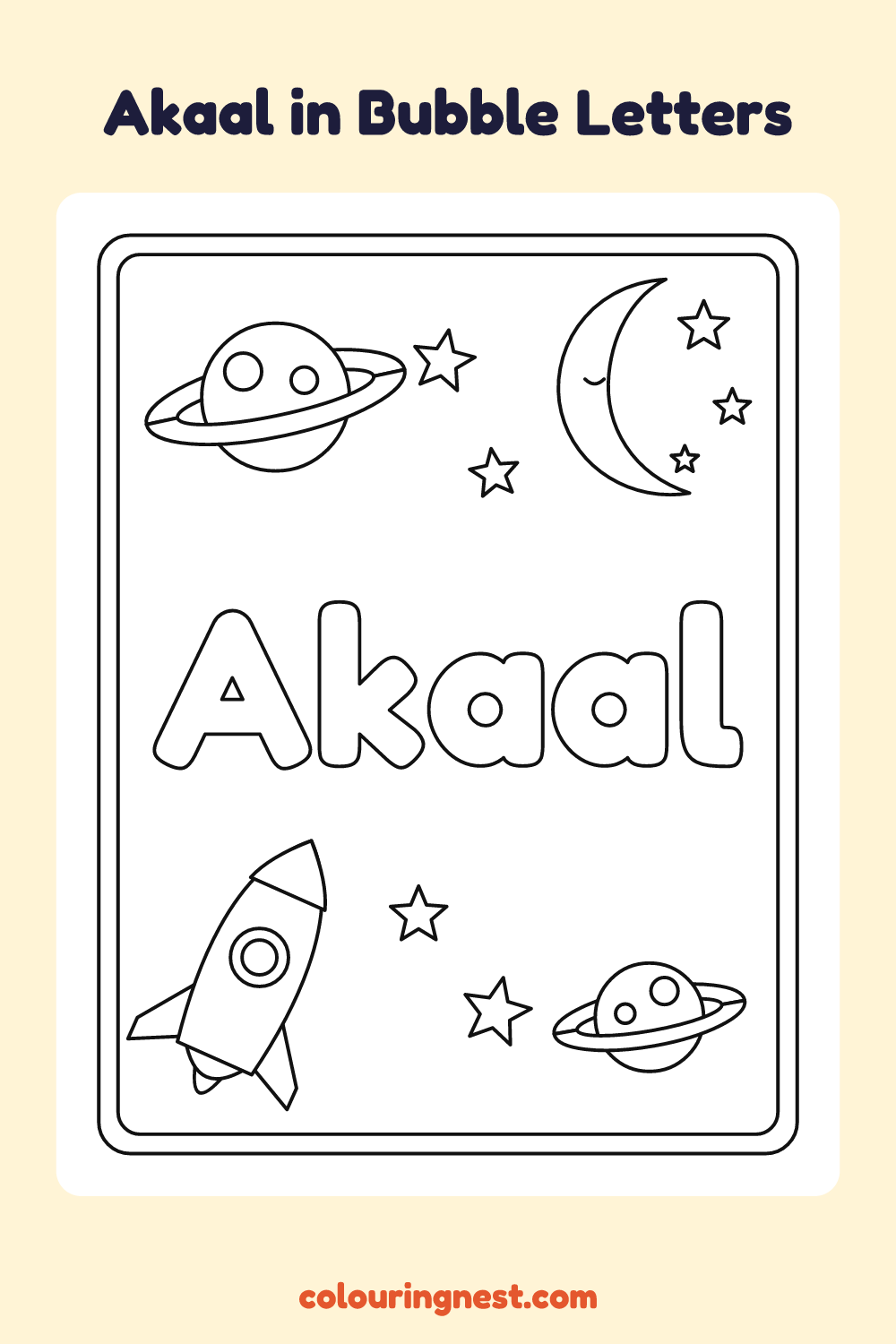 Akaal in Bubble Letters coloring page: free printable black-and-white line art