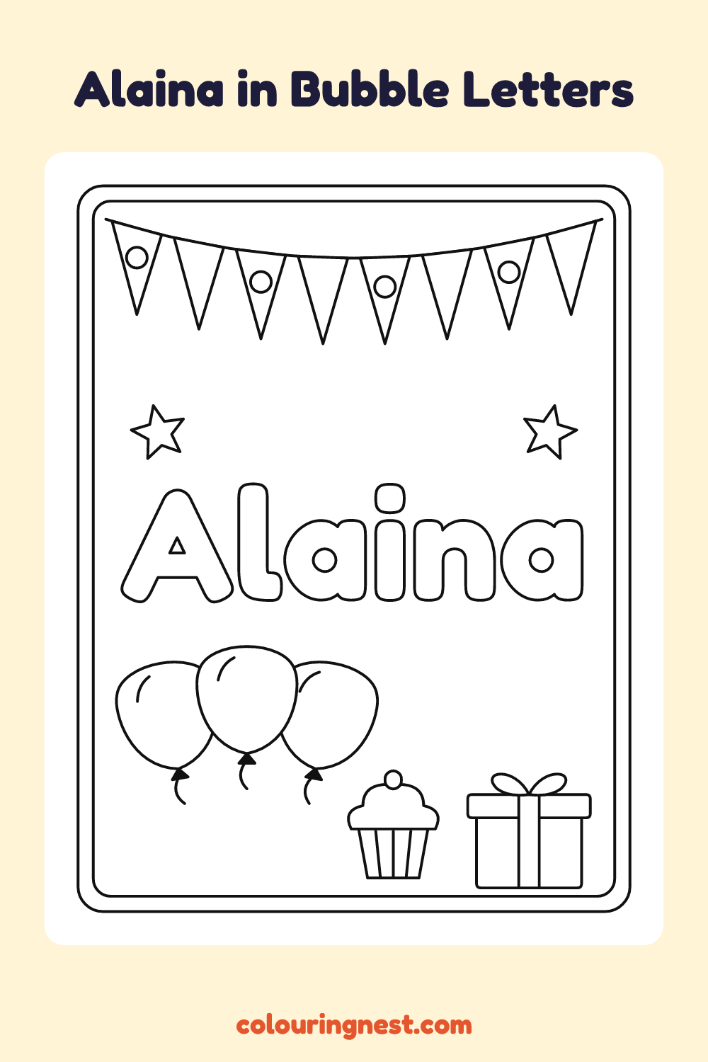 Alaina in Bubble Letters coloring page: free printable black-and-white line art