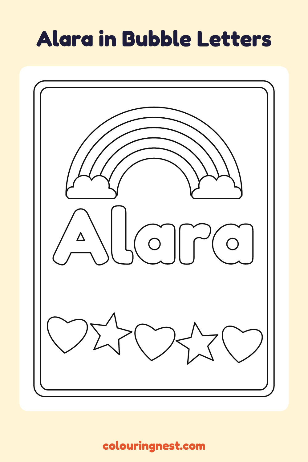 Alara in Bubble Letters coloring page: free printable black-and-white line art