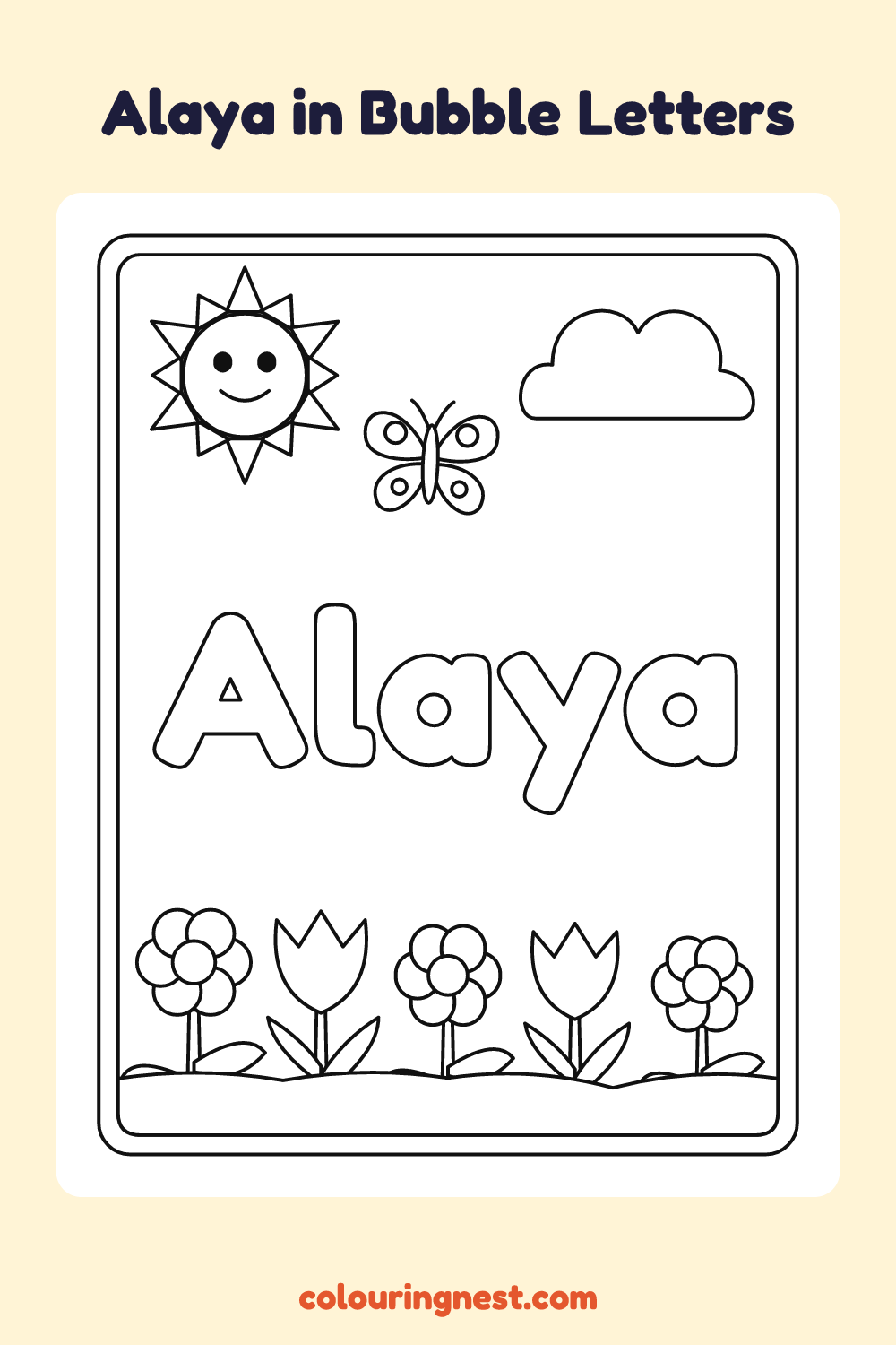 Alaya in Bubble Letters coloring page: free printable black-and-white line art