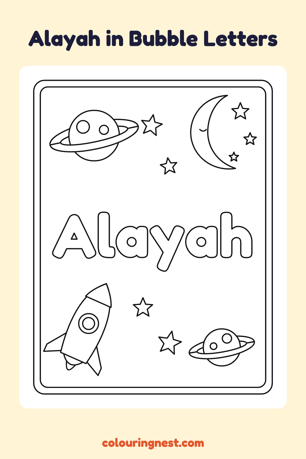 Alayah in Bubble Letters coloring page: free printable black-and-white line art