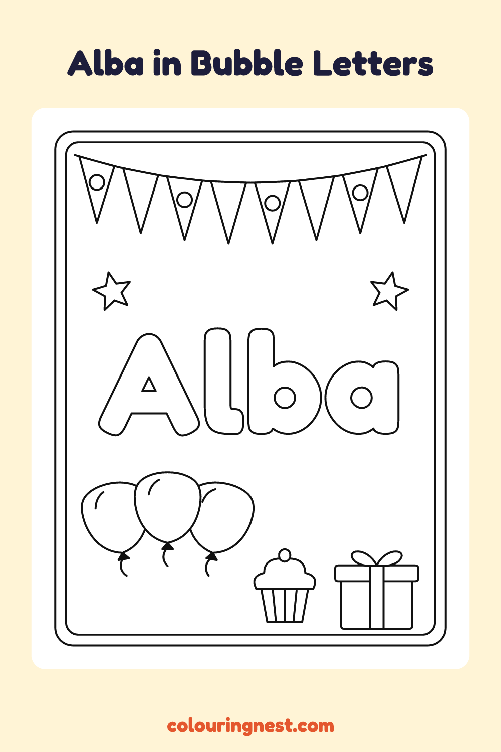 Alba in Bubble Letters coloring page: free printable black-and-white line art