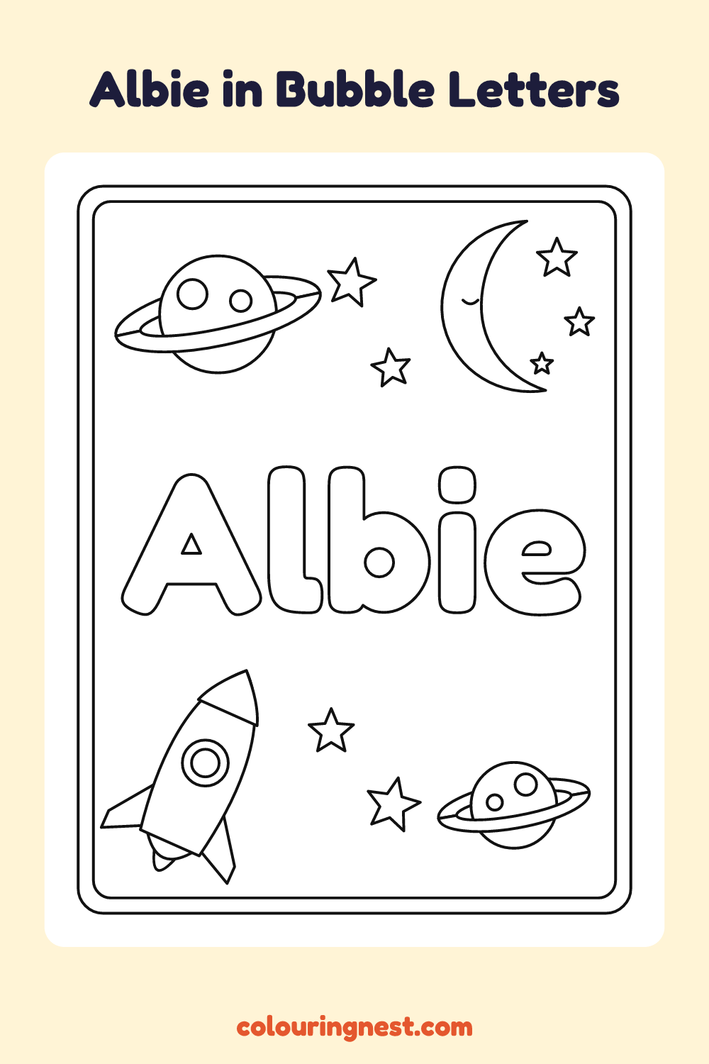 Albie in Bubble Letters coloring page: free printable black-and-white line art