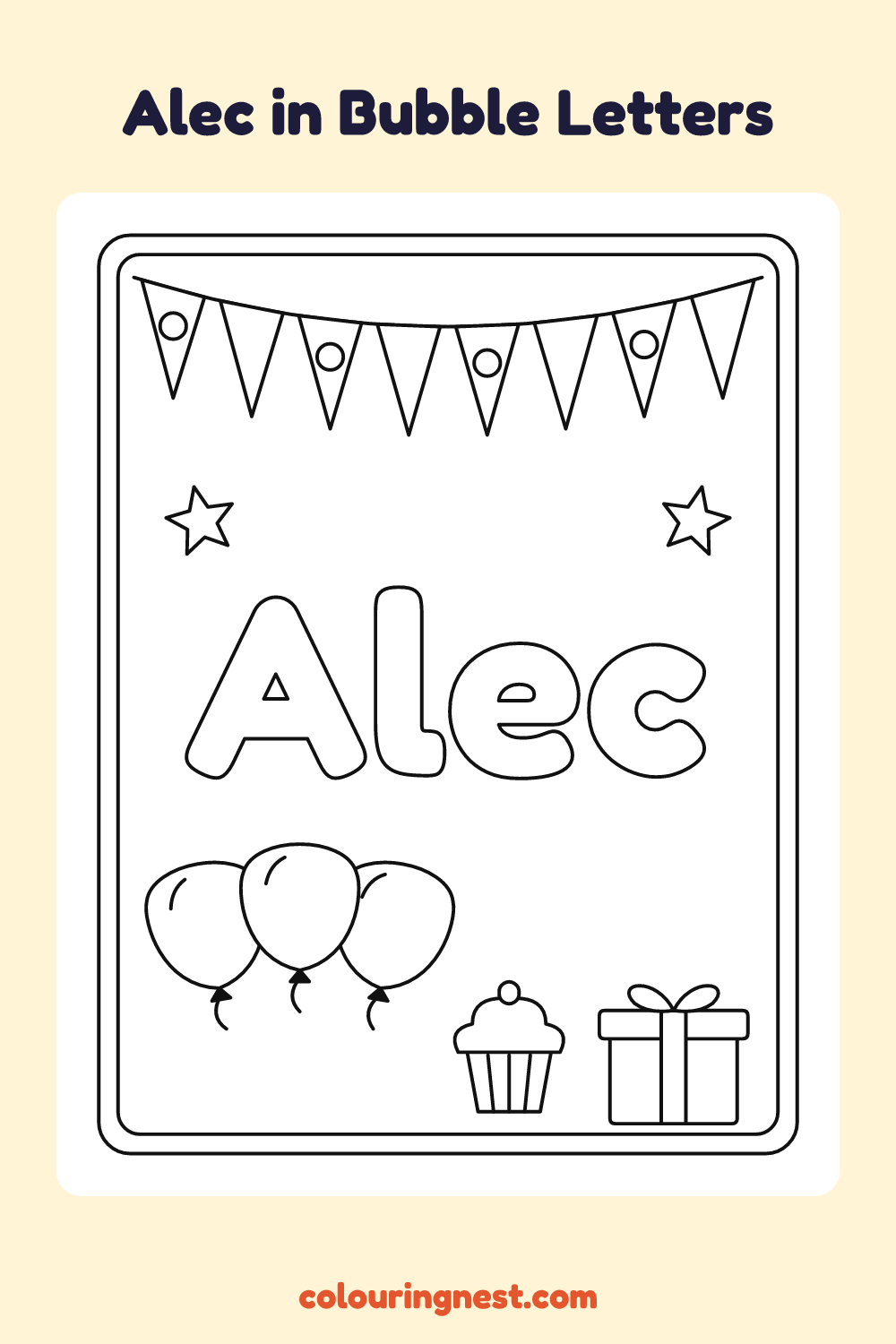 Alec in Bubble Letters coloring page: free printable black-and-white line art