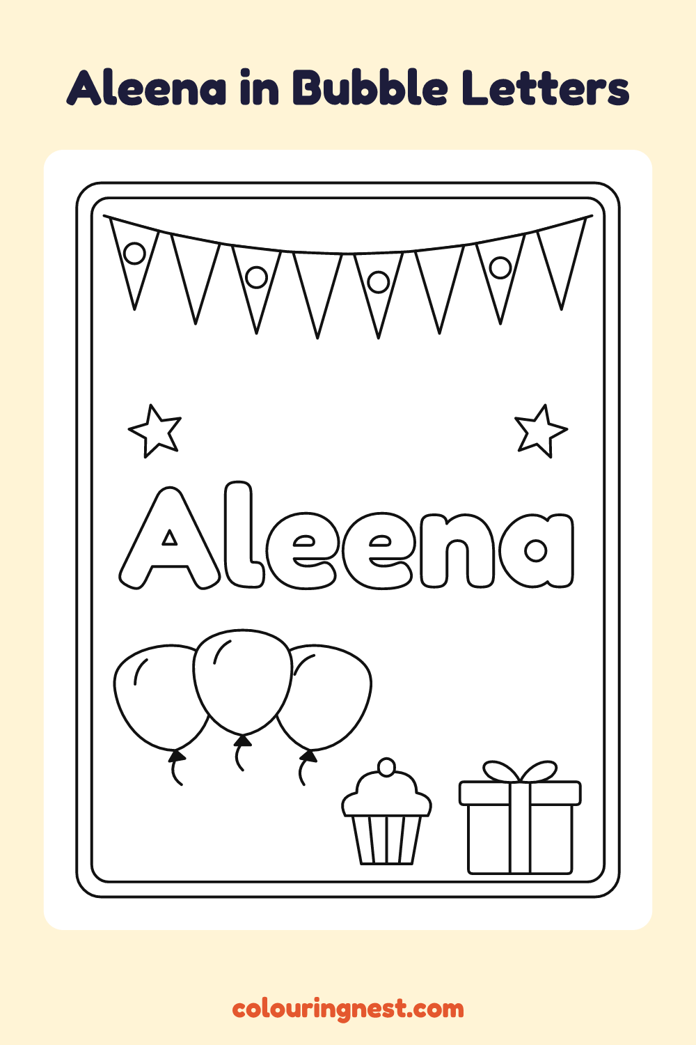 Aleena in Bubble Letters coloring page: free printable black-and-white line art