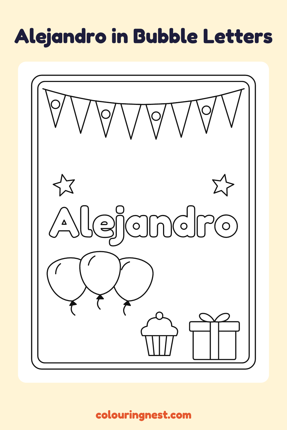 Alejandro in Bubble Letters coloring page: free printable black-and-white line art