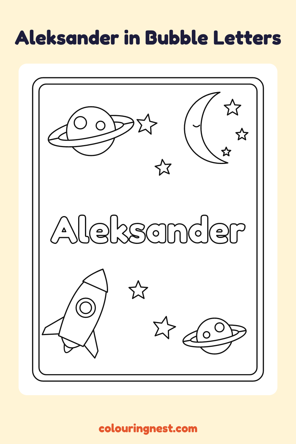 Aleksander in Bubble Letters coloring page: free printable black-and-white line art