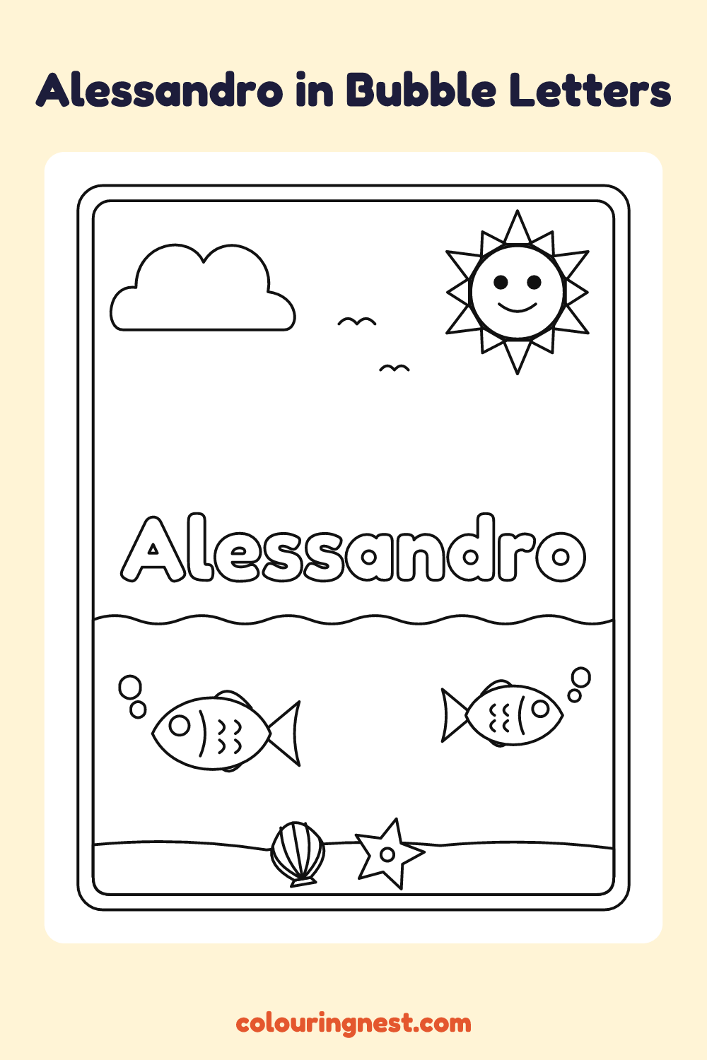Alessandro in Bubble Letters coloring page: free printable black-and-white line art