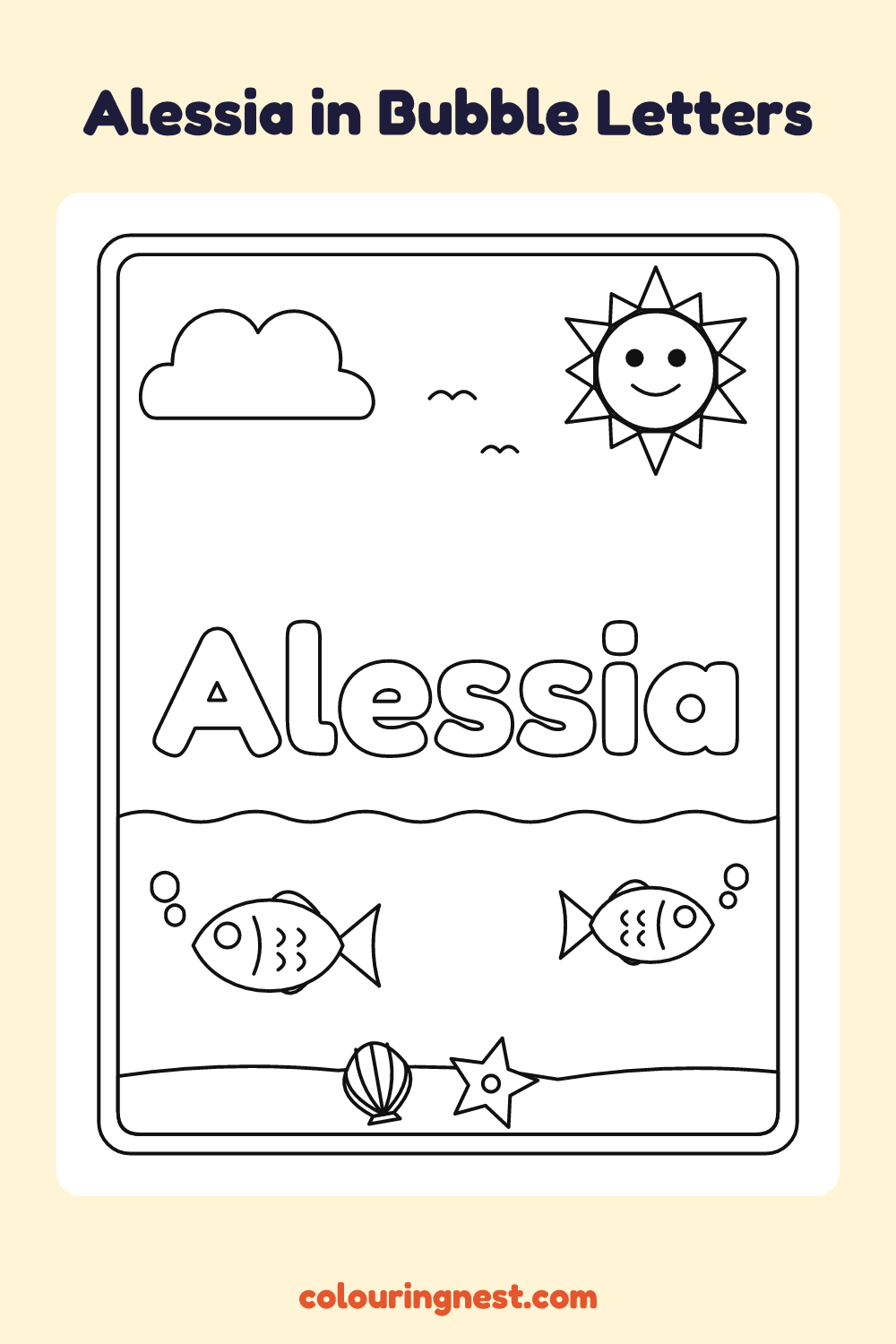 Alessia in Bubble Letters coloring page: free printable black-and-white line art