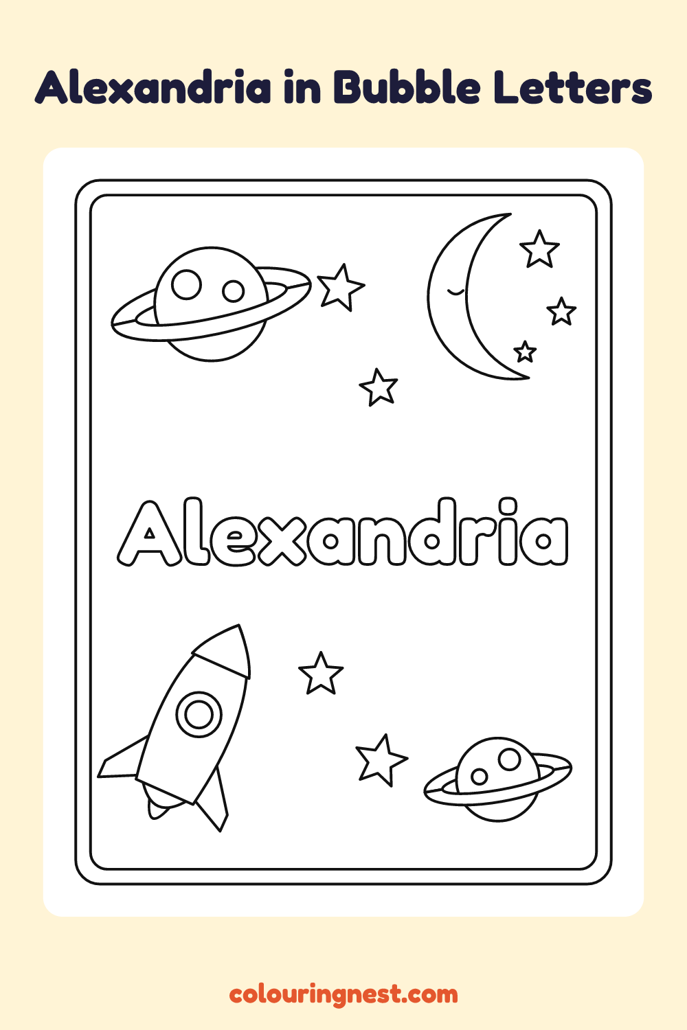 Alexandria in Bubble Letters coloring page: free printable black-and-white line art