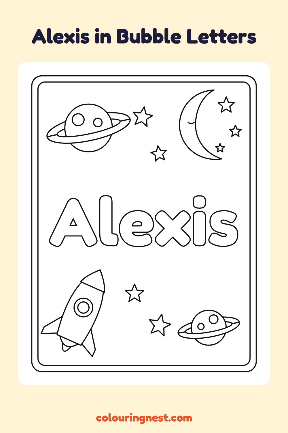 Alexis in Bubble Letters coloring page: free printable black-and-white line art