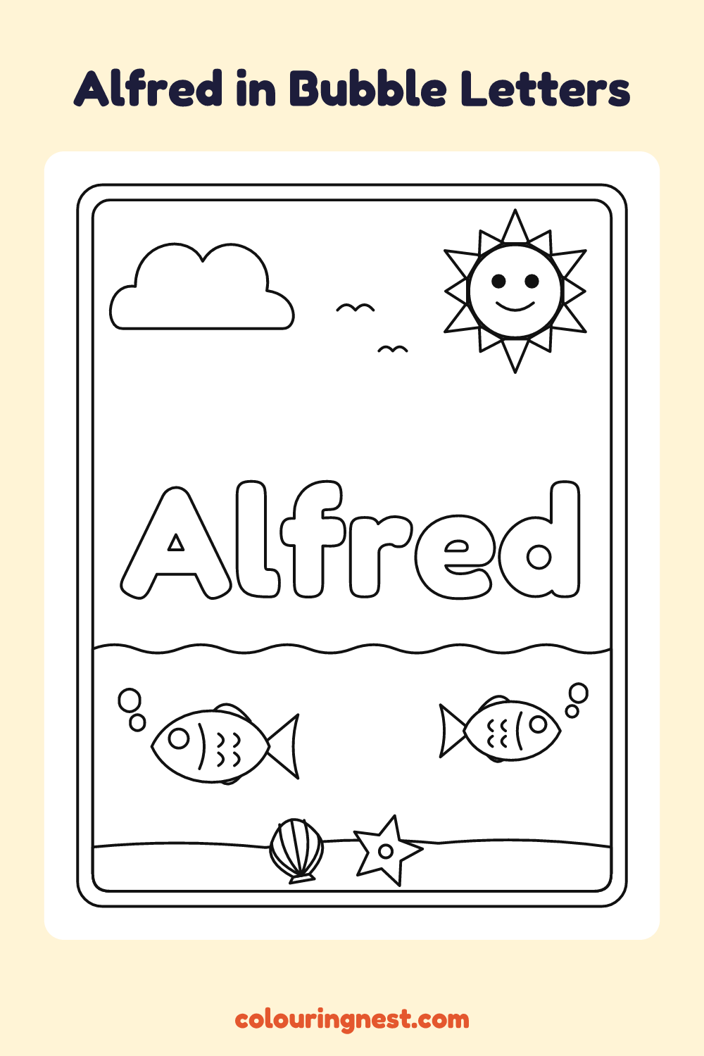 Alfred in Bubble Letters coloring page: free printable black-and-white line art