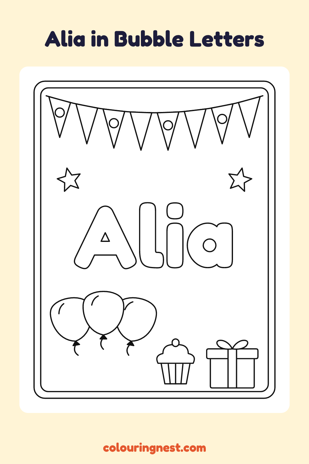Alia in Bubble Letters coloring page: free printable black-and-white line art