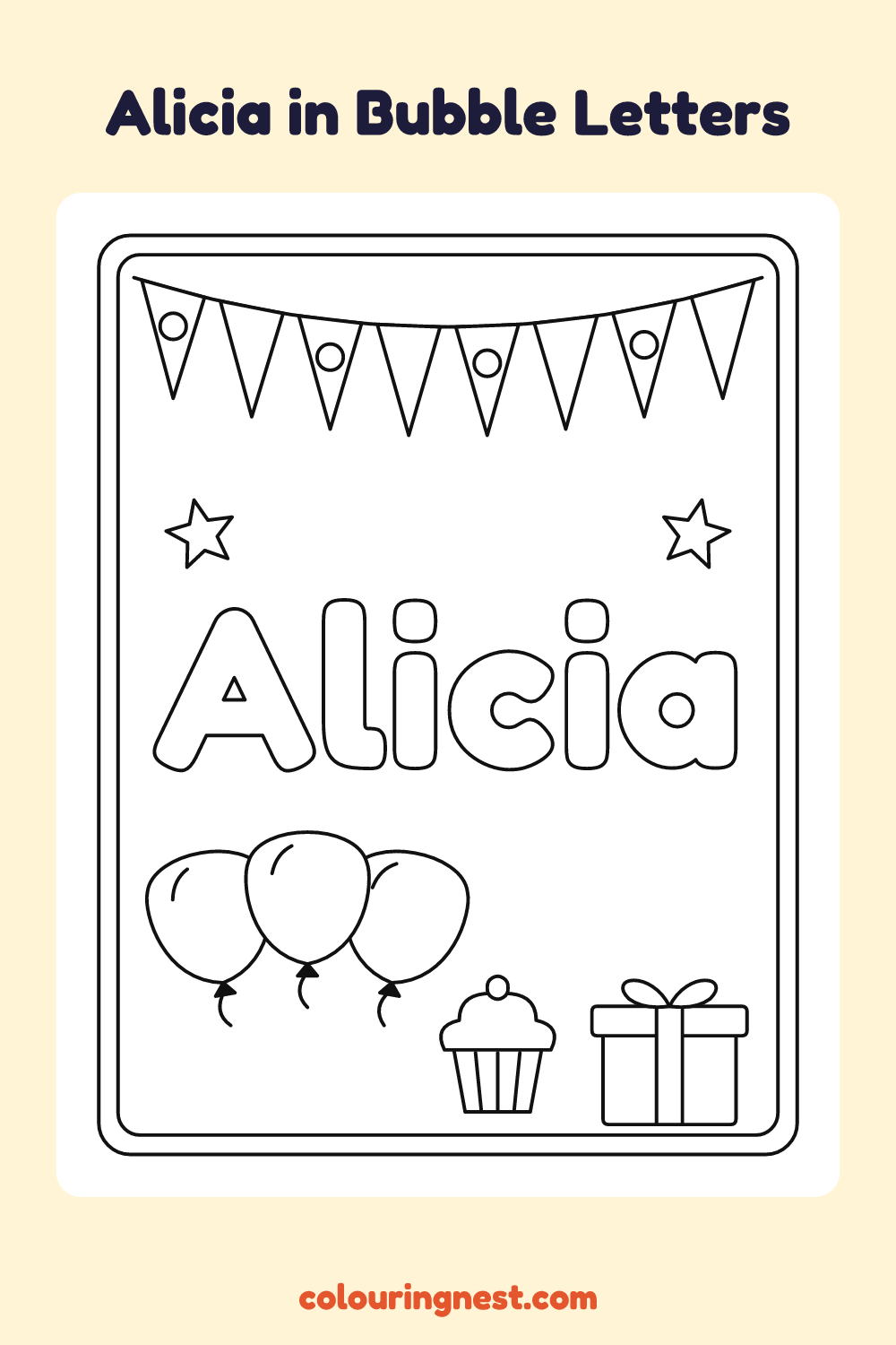 Alicia in Bubble Letters coloring page: free printable black-and-white line art