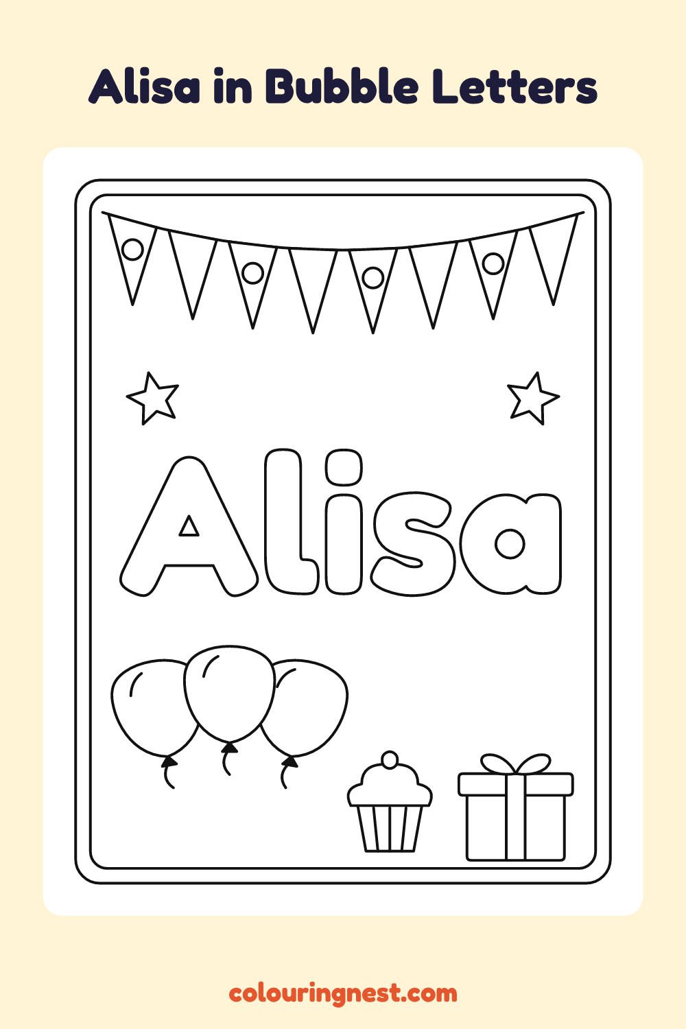 Alisa in Bubble Letters coloring page: free printable black-and-white line art