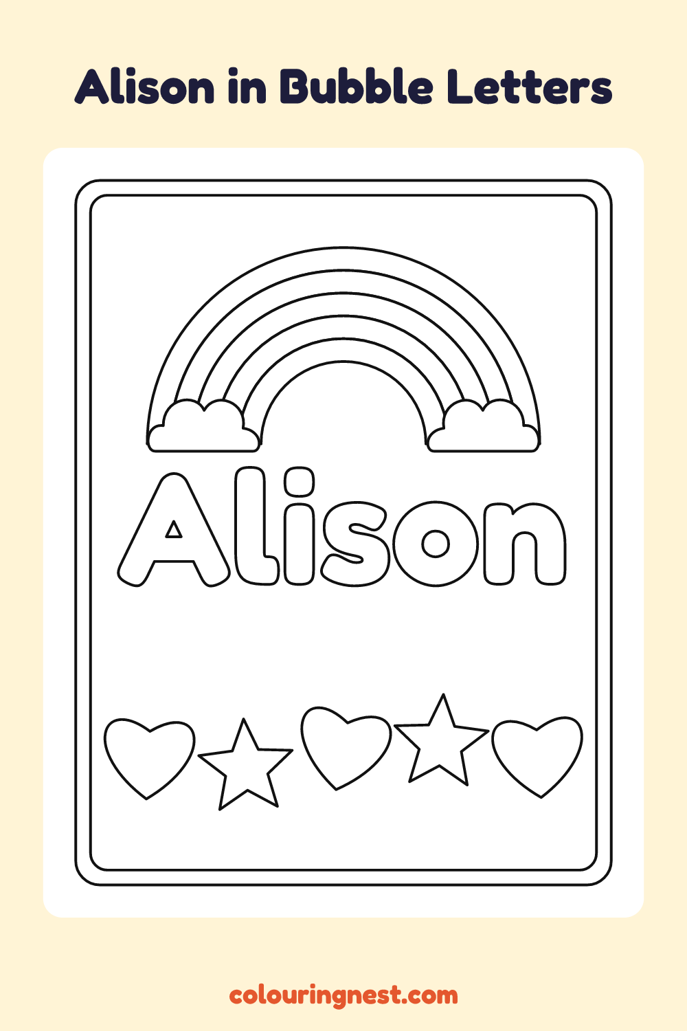 Alison in Bubble Letters coloring page: free printable black-and-white line art