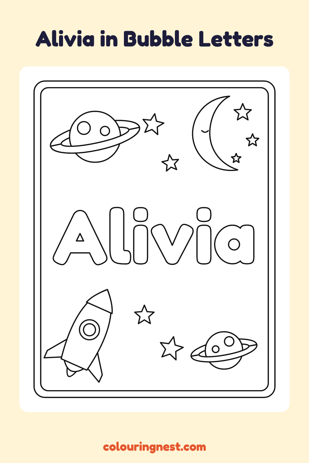 Alivia in Bubble Letters coloring page: free printable black-and-white line art