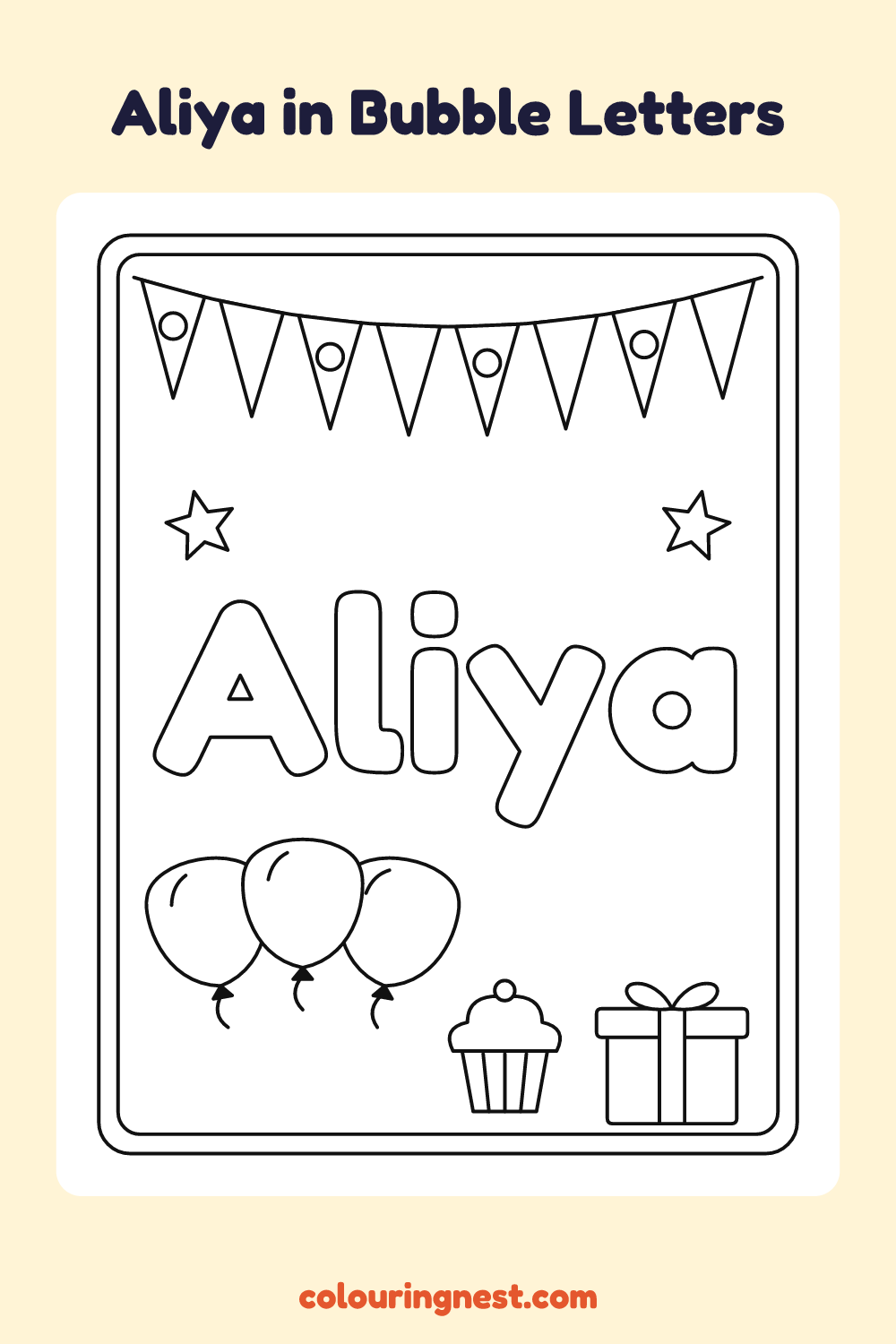 Aliya in Bubble Letters coloring page: free printable black-and-white line art