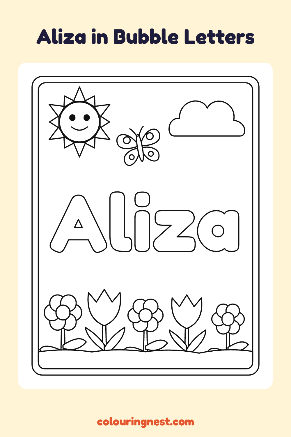 Aliza in Bubble Letters coloring page: free printable black-and-white line art