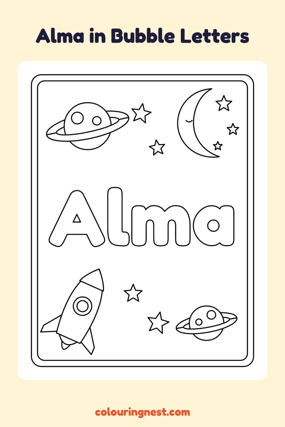 Alma in Bubble Letters coloring page: free printable black-and-white line art