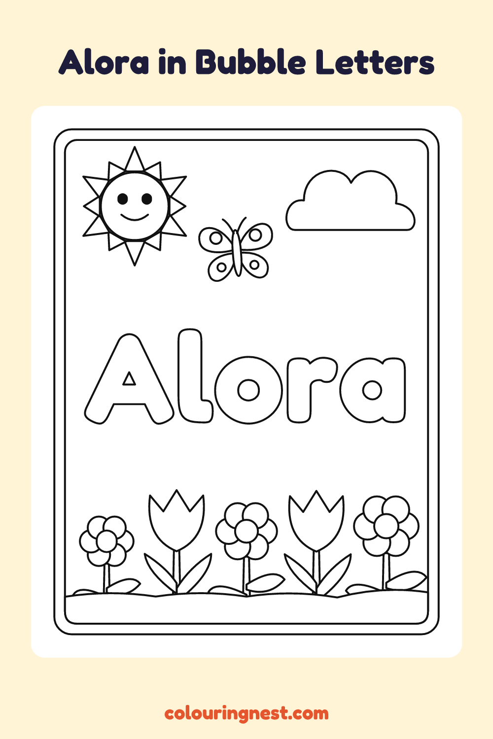 Alora in Bubble Letters coloring page: free printable black-and-white line art