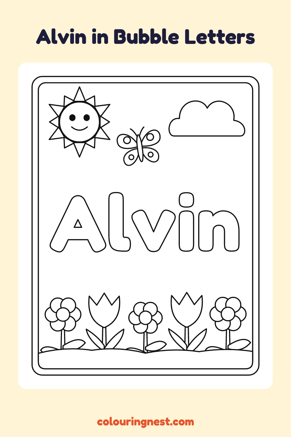 Alvin in Bubble Letters coloring page: free printable black-and-white line art