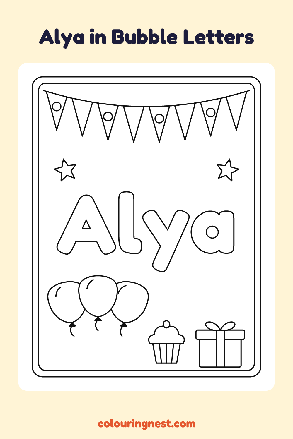 Alya in Bubble Letters coloring page: free printable black-and-white line art