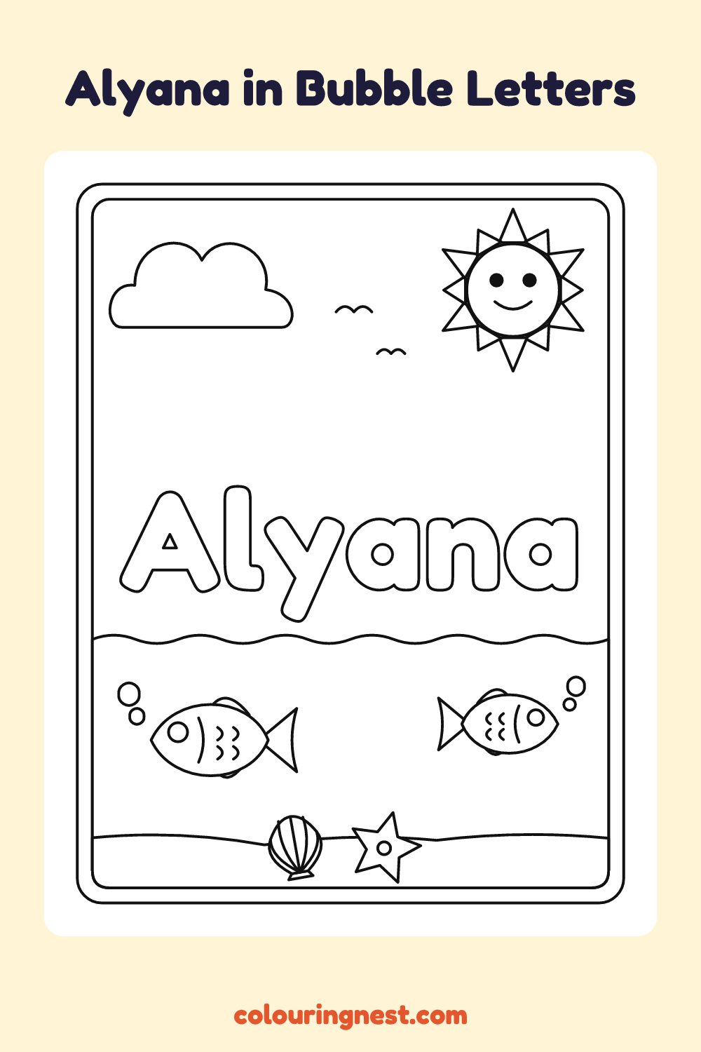 Alyana in Bubble Letters coloring page: free printable black-and-white line art