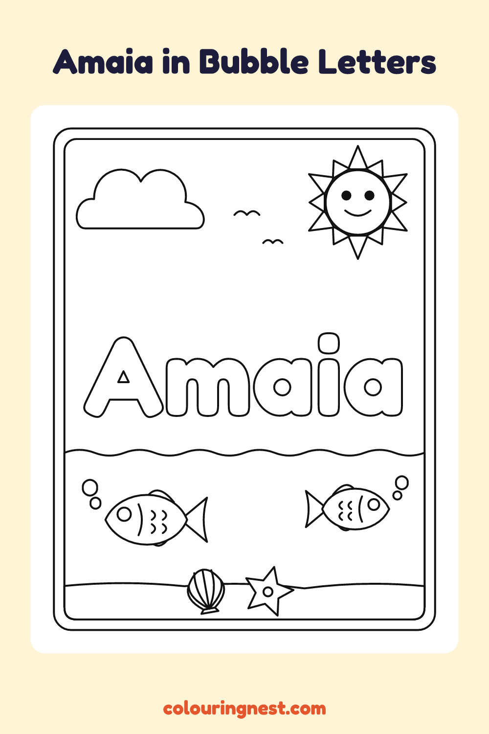 Amaia in Bubble Letters coloring page: free printable black-and-white line art
