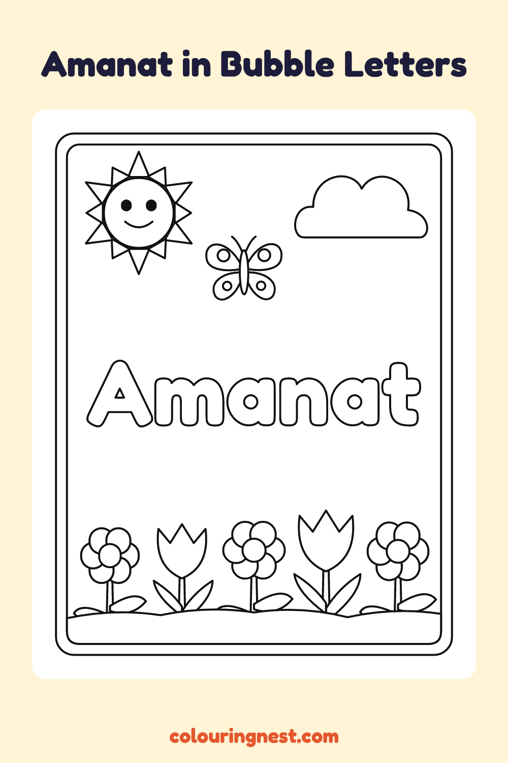 Amanat in Bubble Letters coloring page: free printable black-and-white line art
