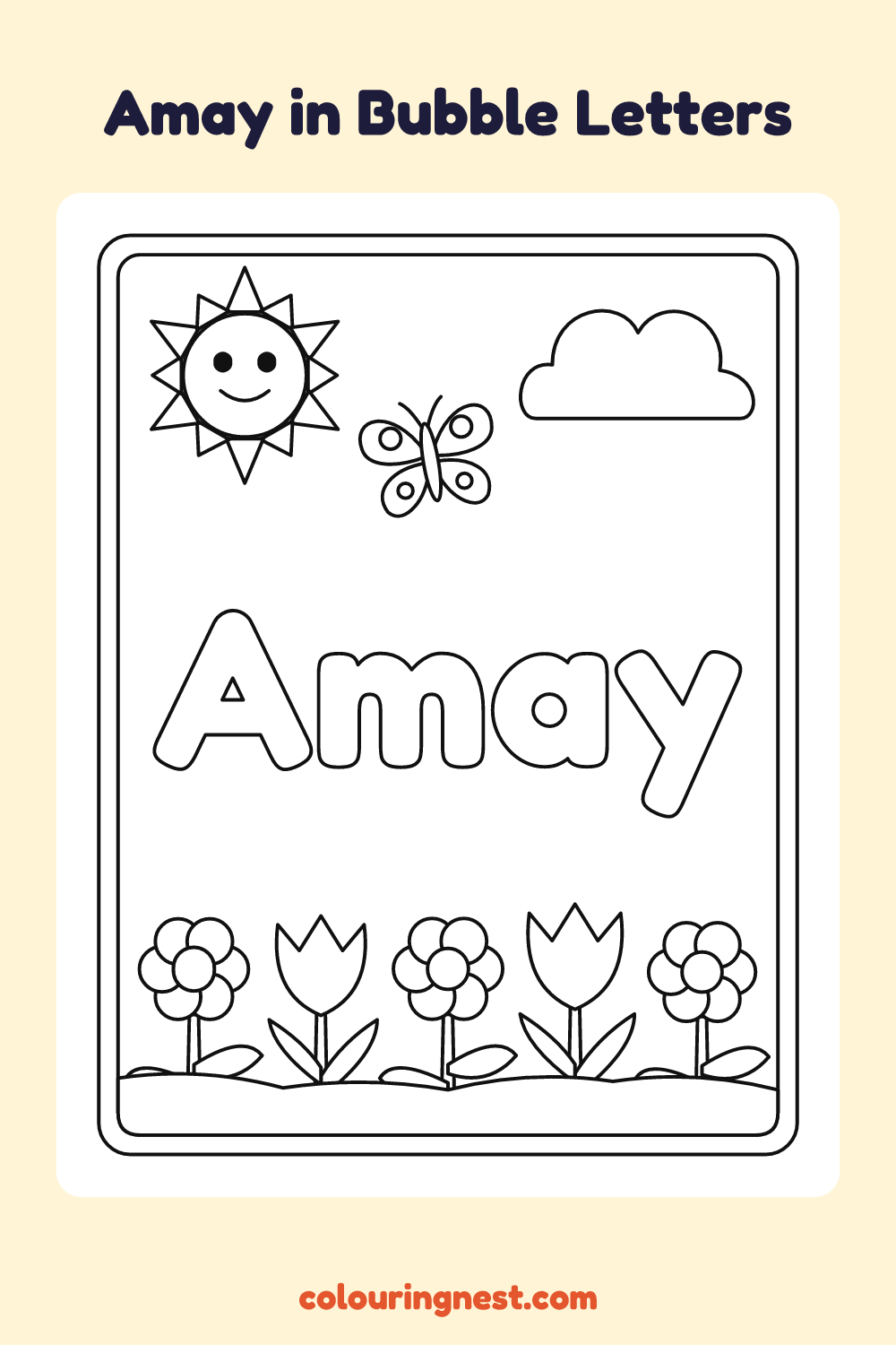 Amay in Bubble Letters coloring page: free printable black-and-white line art