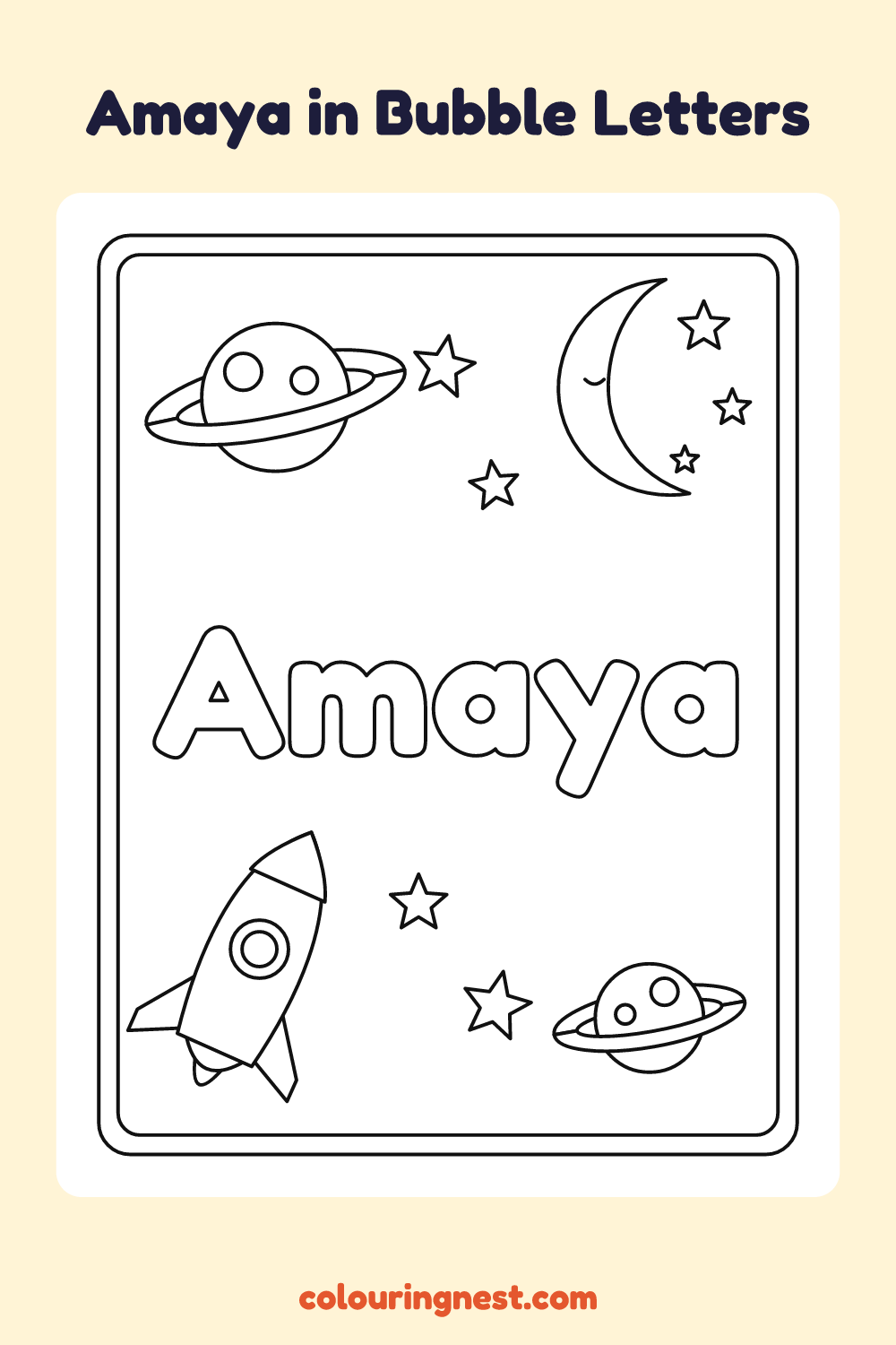 Amaya in Bubble Letters coloring page: free printable black-and-white line art