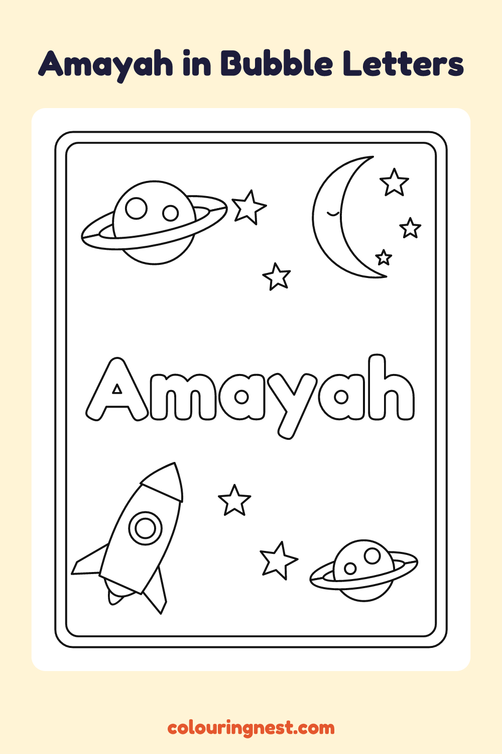 Amayah in Bubble Letters coloring page: free printable black-and-white line art