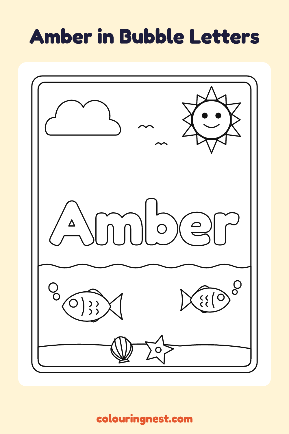 Amber in Bubble Letters coloring page: free printable black-and-white line art