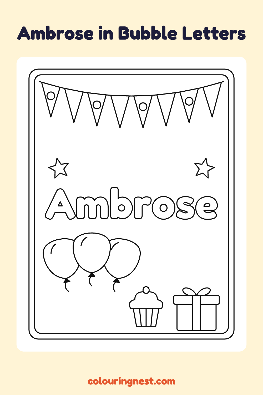 Ambrose in Bubble Letters coloring page: free printable black-and-white line art