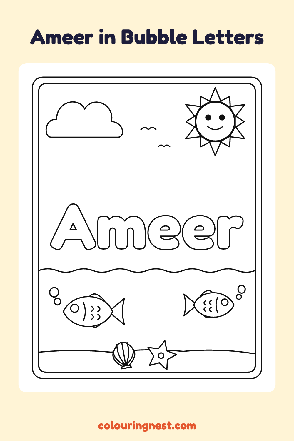 Ameer in Bubble Letters coloring page: free printable black-and-white line art