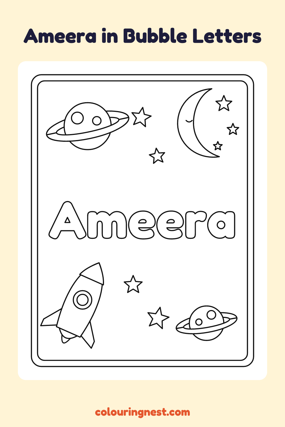 Ameera in Bubble Letters coloring page: free printable black-and-white line art