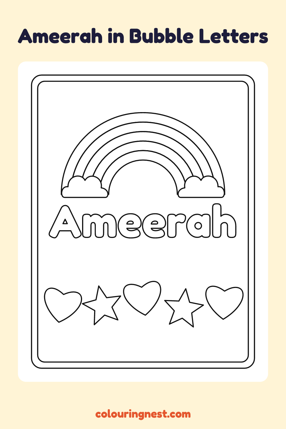 Ameerah in Bubble Letters coloring page: free printable black-and-white line art