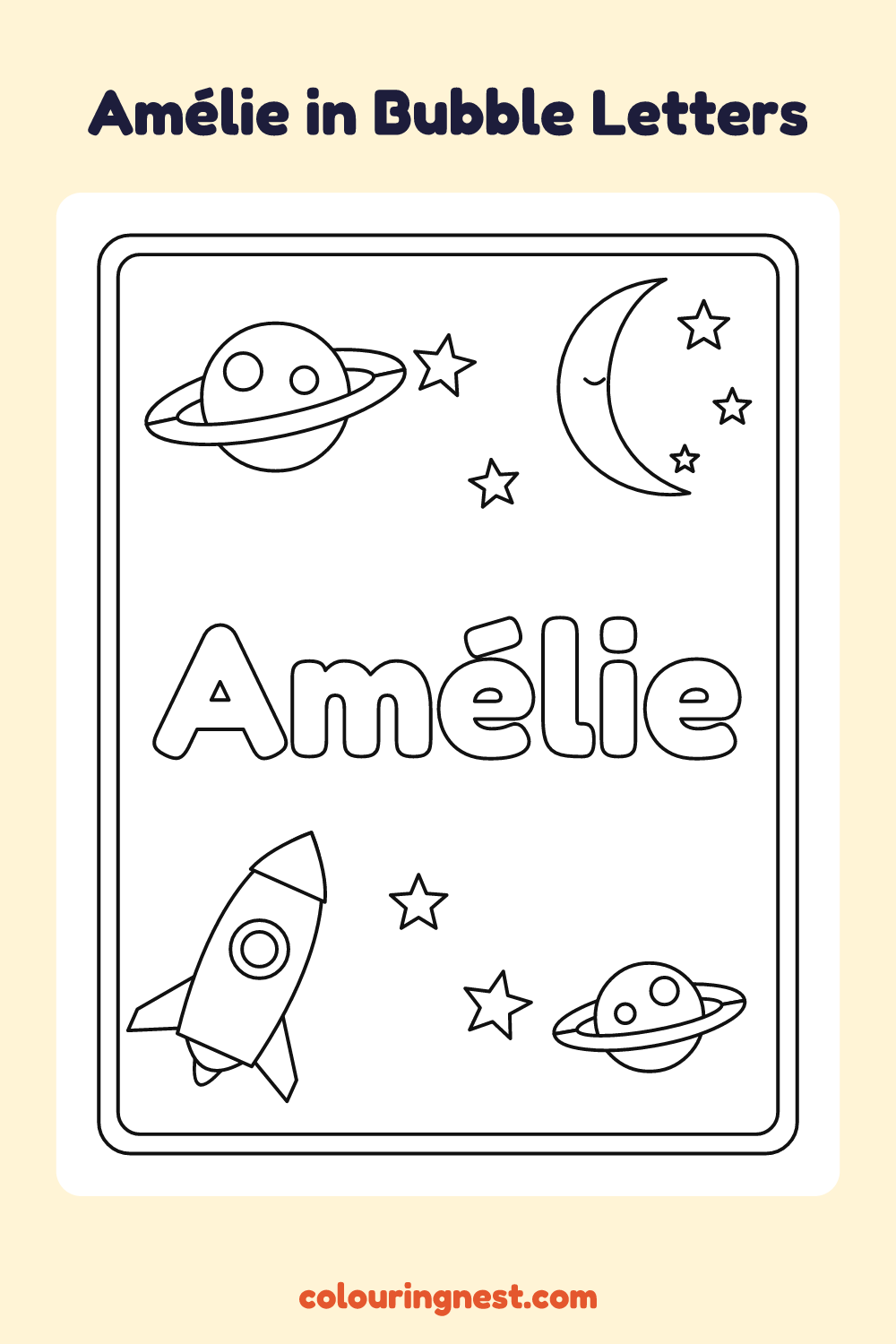 Amélie in Bubble Letters coloring page: free printable black-and-white line art
