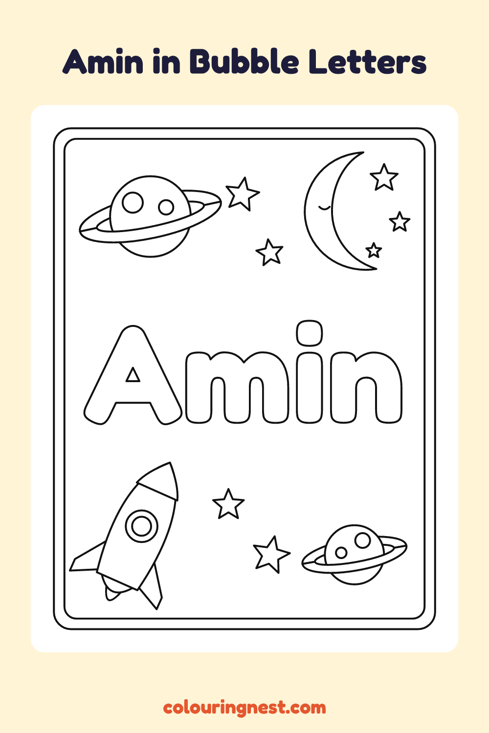 Amin in Bubble Letters coloring page: free printable black-and-white line art