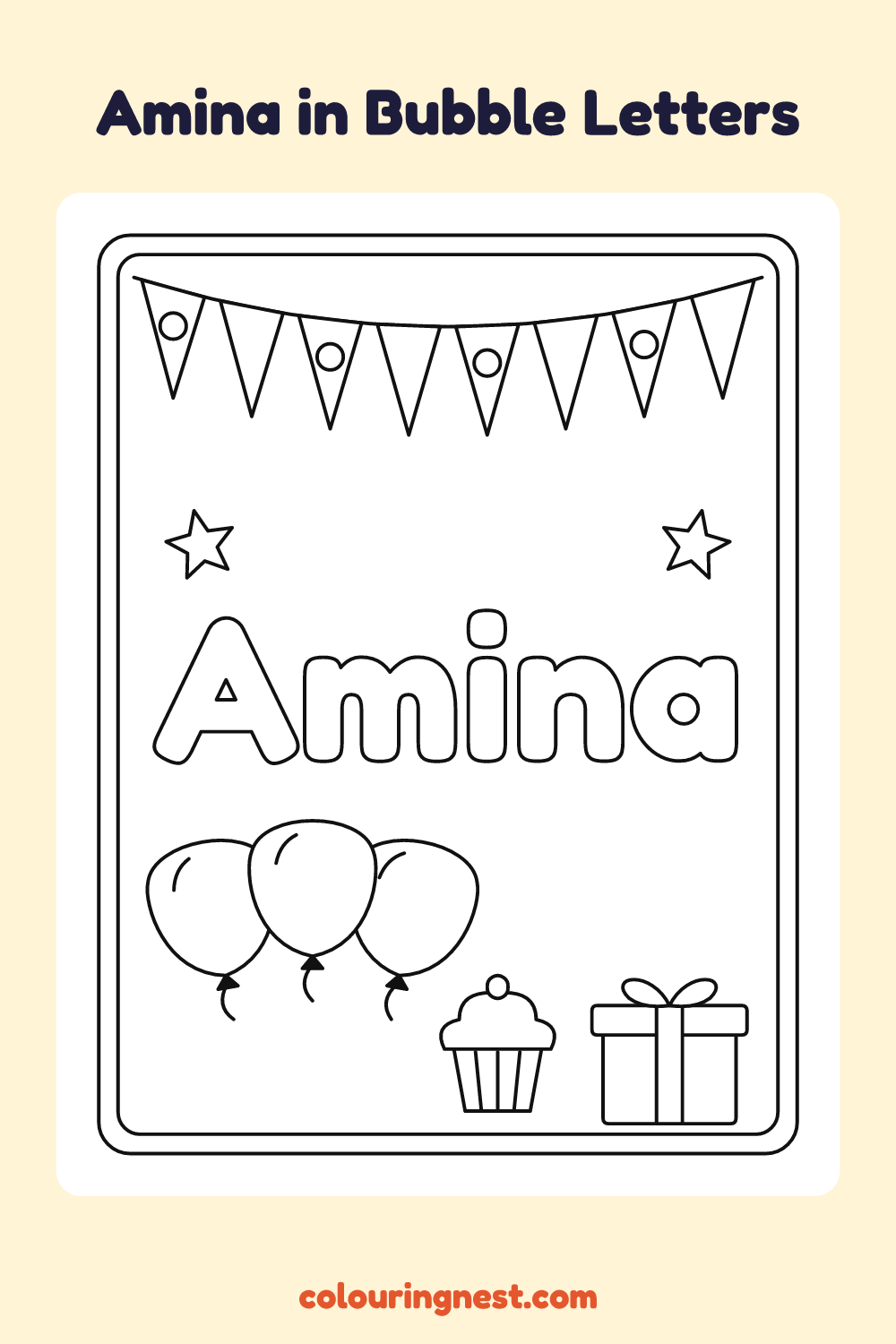 Amina in Bubble Letters coloring page: free printable black-and-white line art
