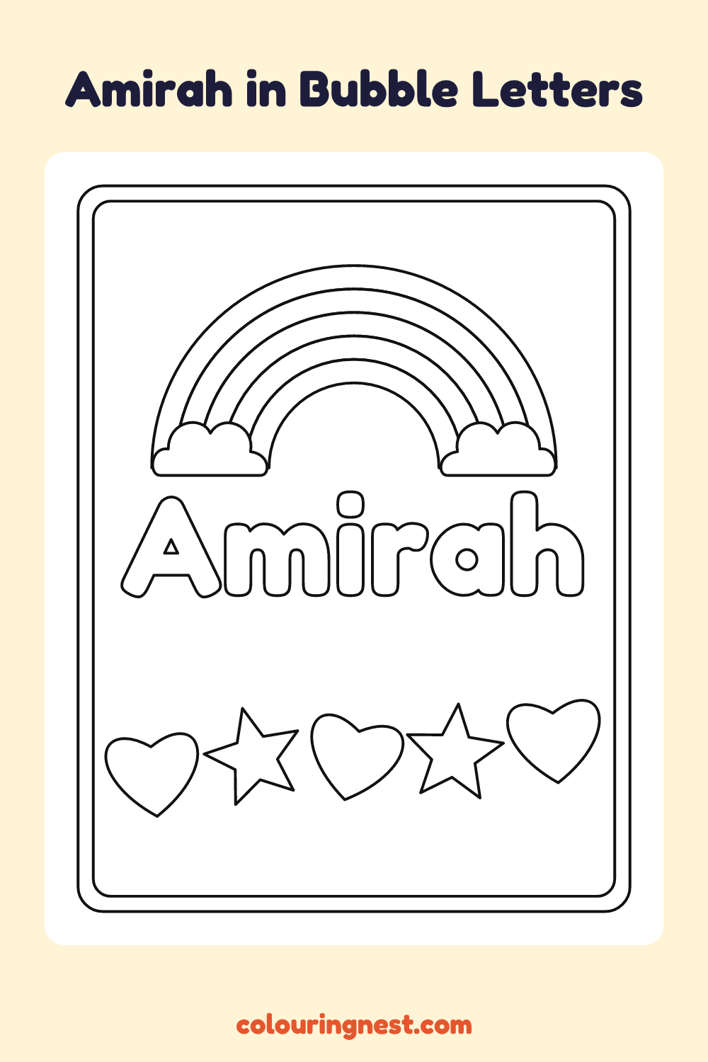 Amirah in Bubble Letters coloring page: free printable black-and-white line art