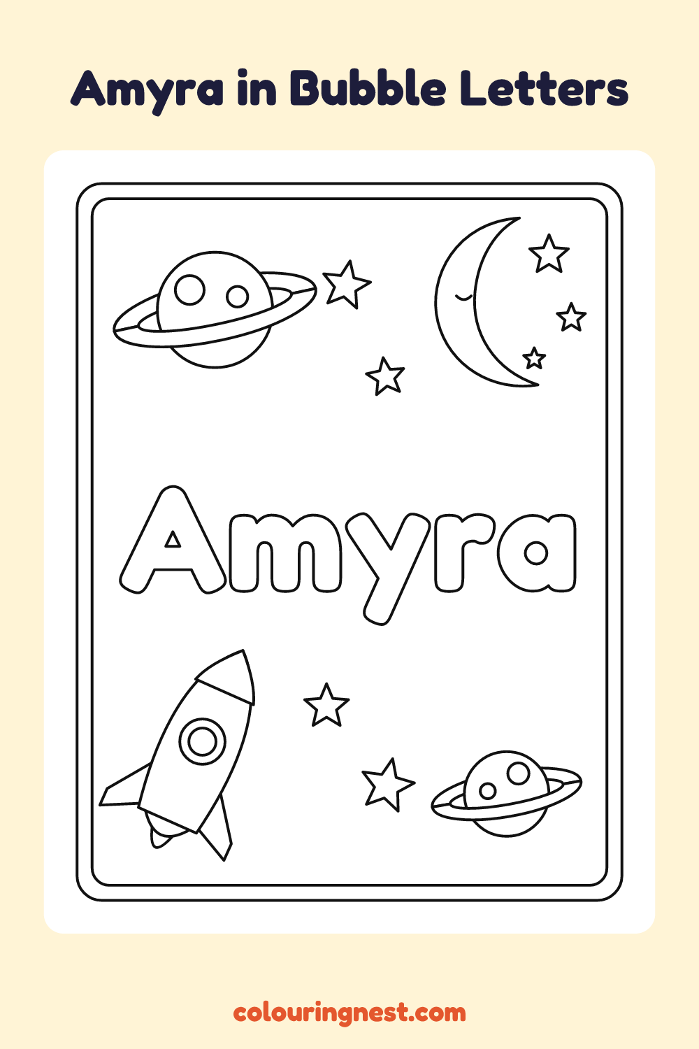Amyra in Bubble Letters coloring page: free printable black-and-white line art
