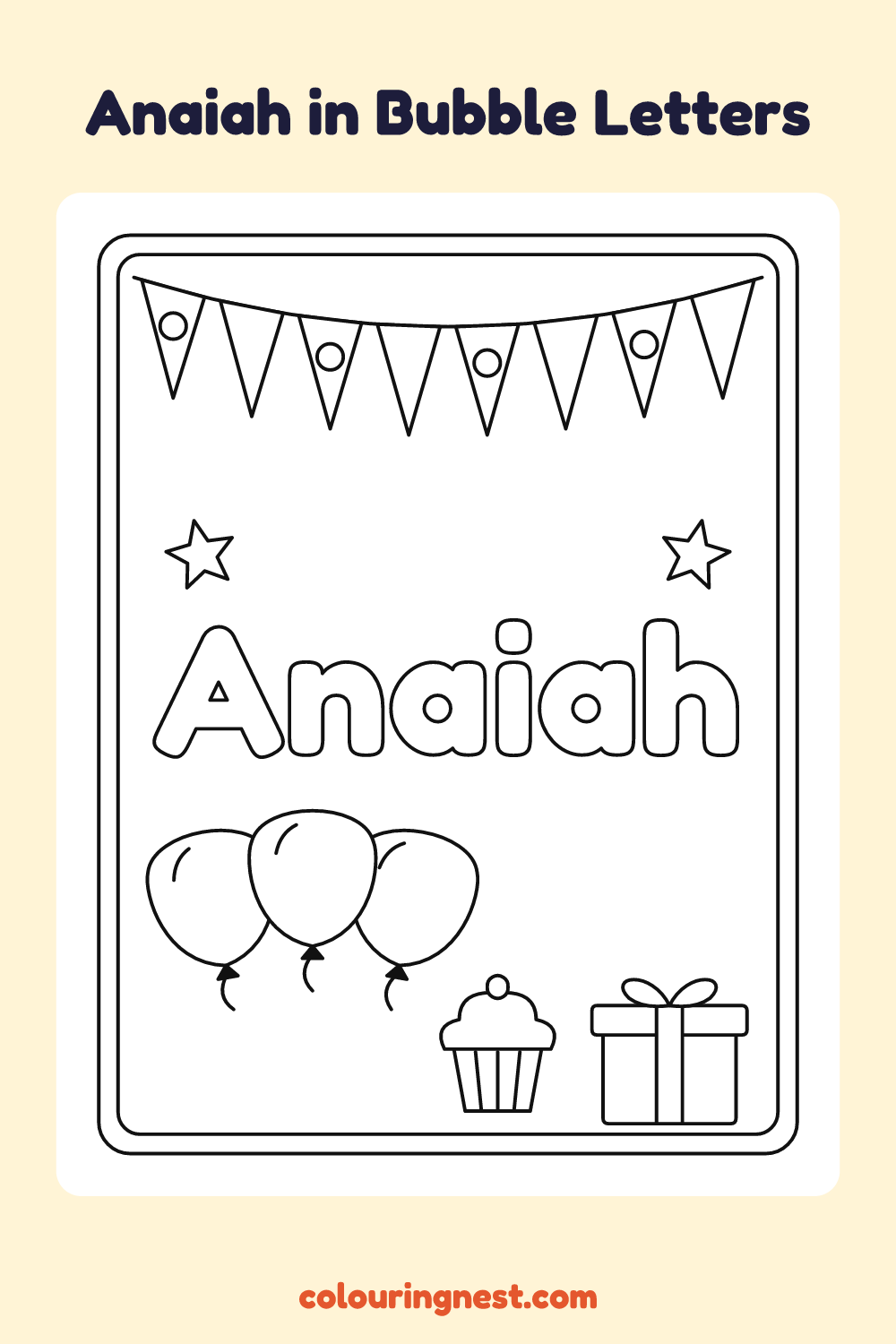 Anaiah in Bubble Letters coloring page: free printable black-and-white line art