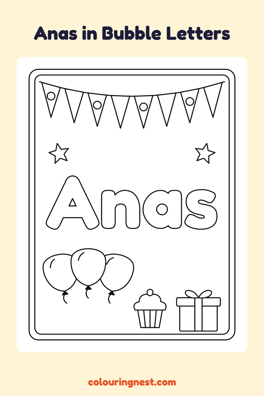 Anas in Bubble Letters coloring page: free printable black-and-white line art